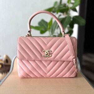 Authentic CHANEL Trendy Chevron Lambskin Quilted Dual Handle Flap Bag Pink Tote